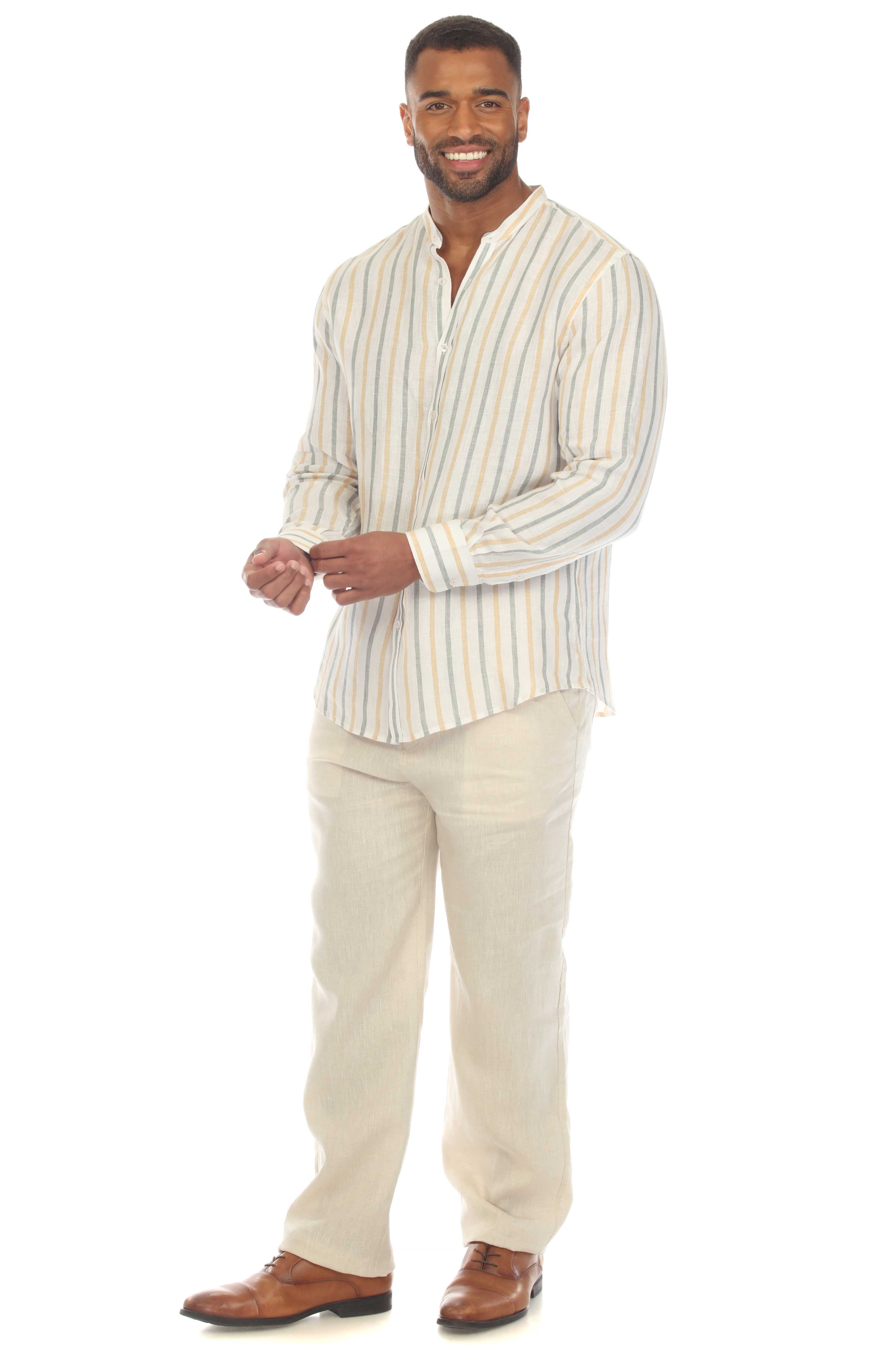 Camisa informal de hombre con cuello mandarín y raya diplomática, 100 % lino, manga larga, botones