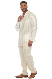 Camisa informal de hombre con cuello mandarín y raya diplomática, 100 % lino, manga larga, botones