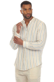 Camisa informal de hombre con cuello mandarín y raya diplomática, 100 % lino, manga larga, botones