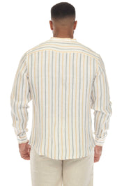 Camisa informal de hombre con cuello mandarín y raya diplomática, 100 % lino, manga larga, botones