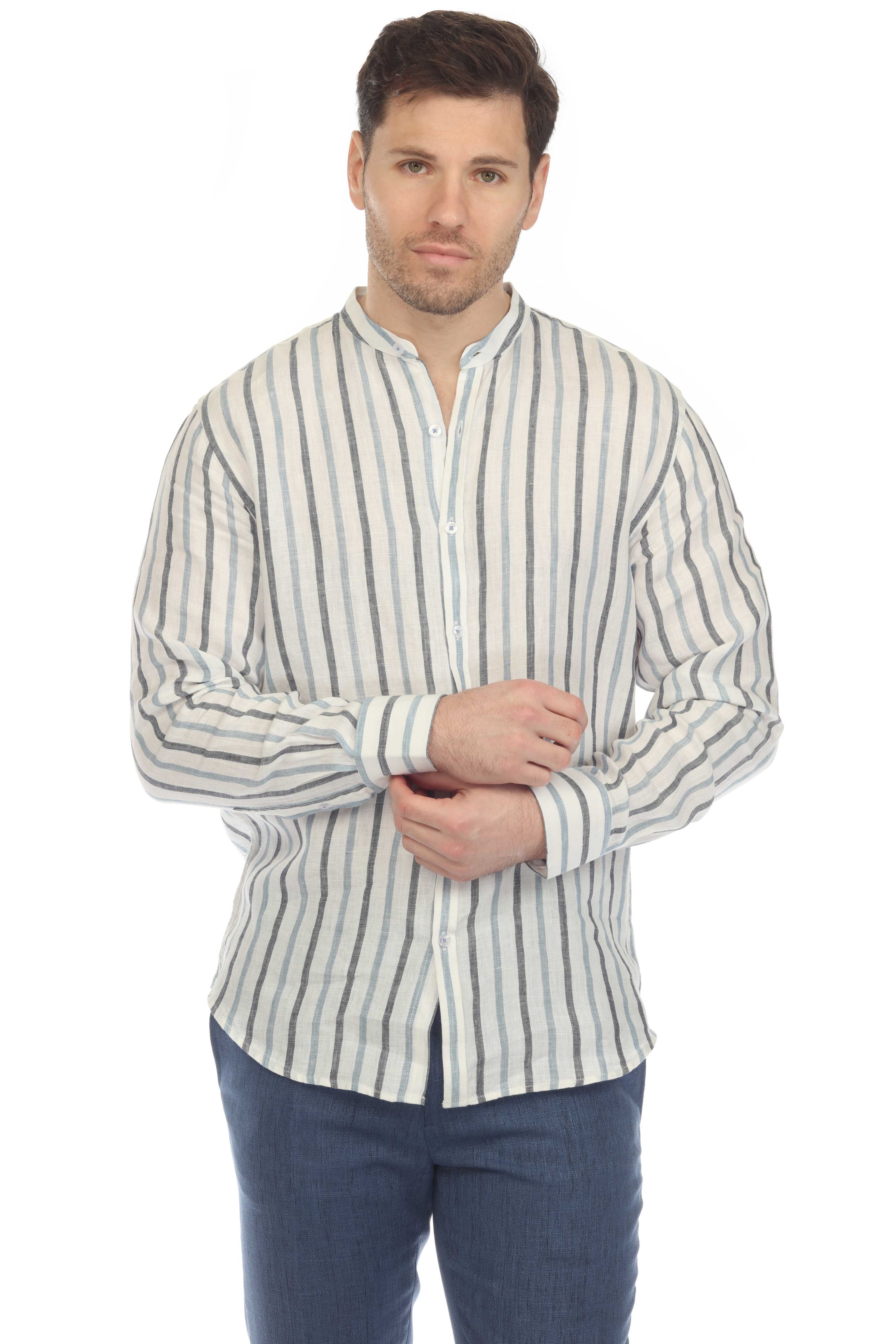 Camisa informal de hombre con cuello mandarín y raya diplomática, 100 % lino, manga larga, botones