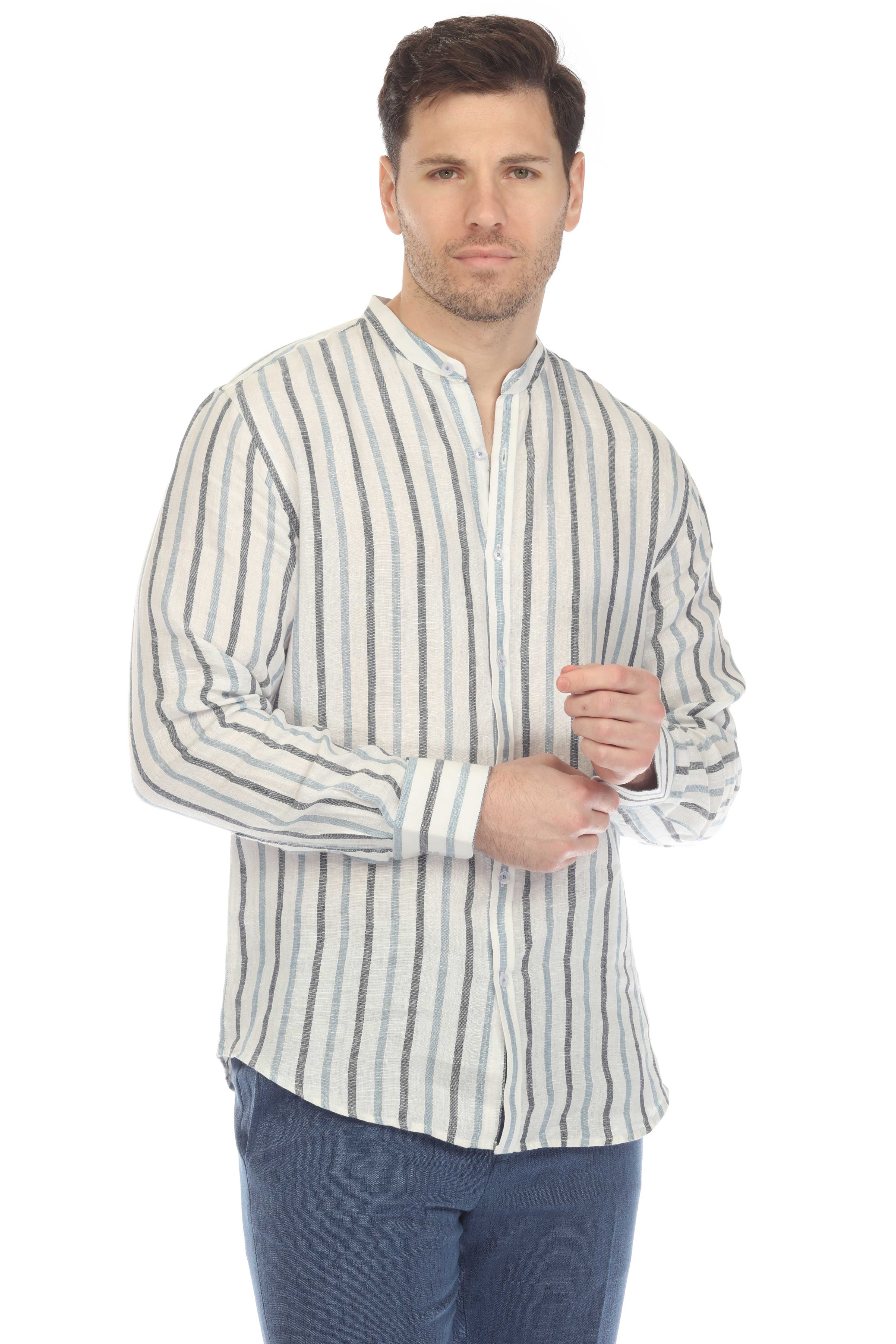Camisa informal de hombre con cuello mandarín y raya diplomática, 100 % lino, manga larga, botones