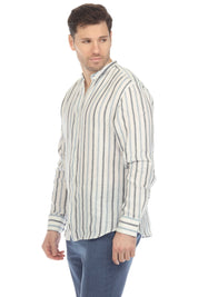 Camisa informal de hombre con cuello mandarín y raya diplomática, 100 % lino, manga larga, botones