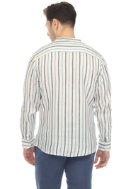 Camisa informal de hombre con cuello mandarín y raya diplomática, 100 % lino, manga larga, botones