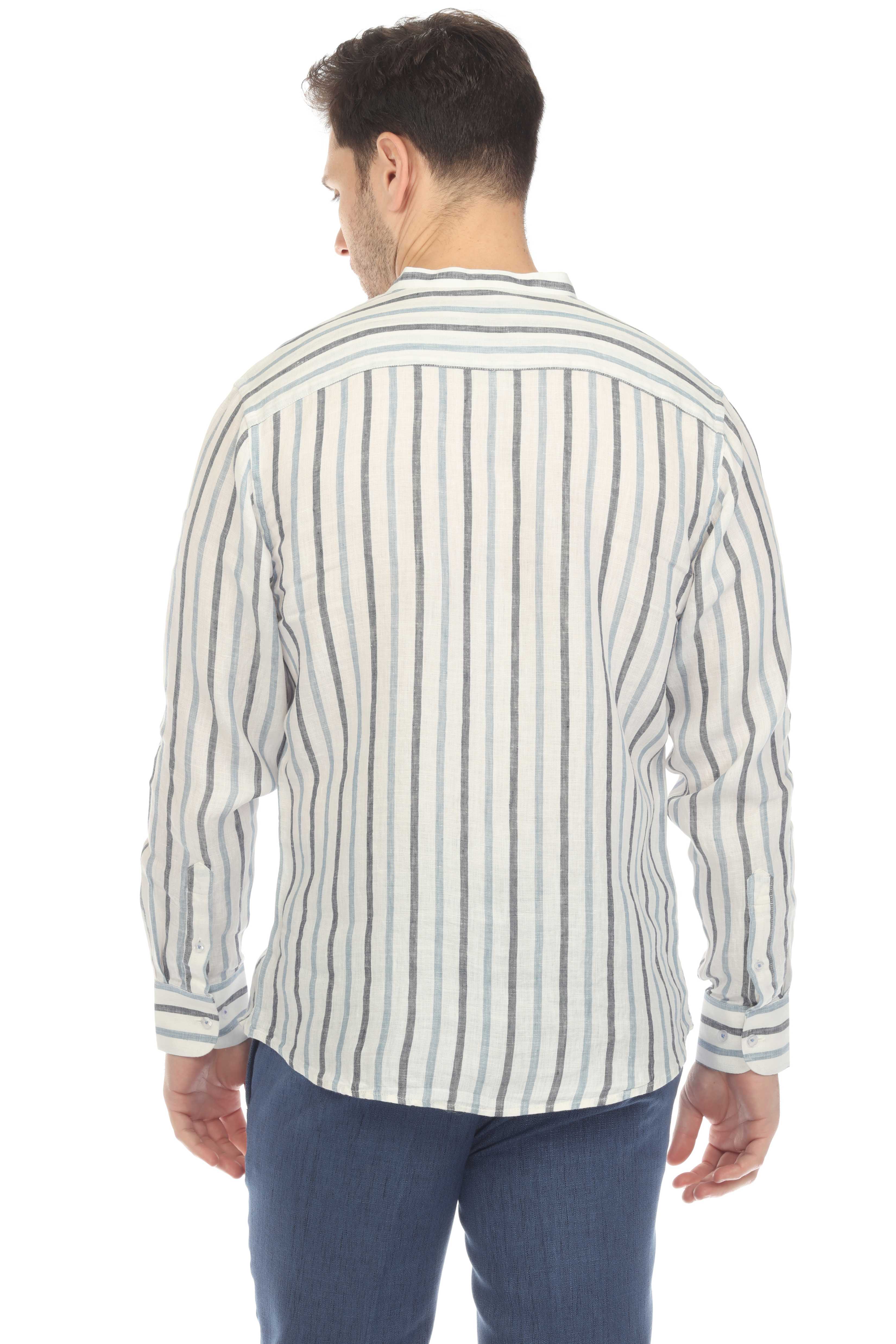 Camisa informal de hombre con cuello mandarín y raya diplomática, 100 % lino, manga larga, botones