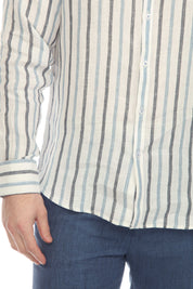 Camisa informal de hombre con cuello mandarín y raya diplomática, 100 % lino, manga larga, botones