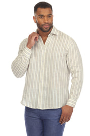 Camisa informal de rayas diplomáticas para hombre, 100 % lino, manga larga, botones