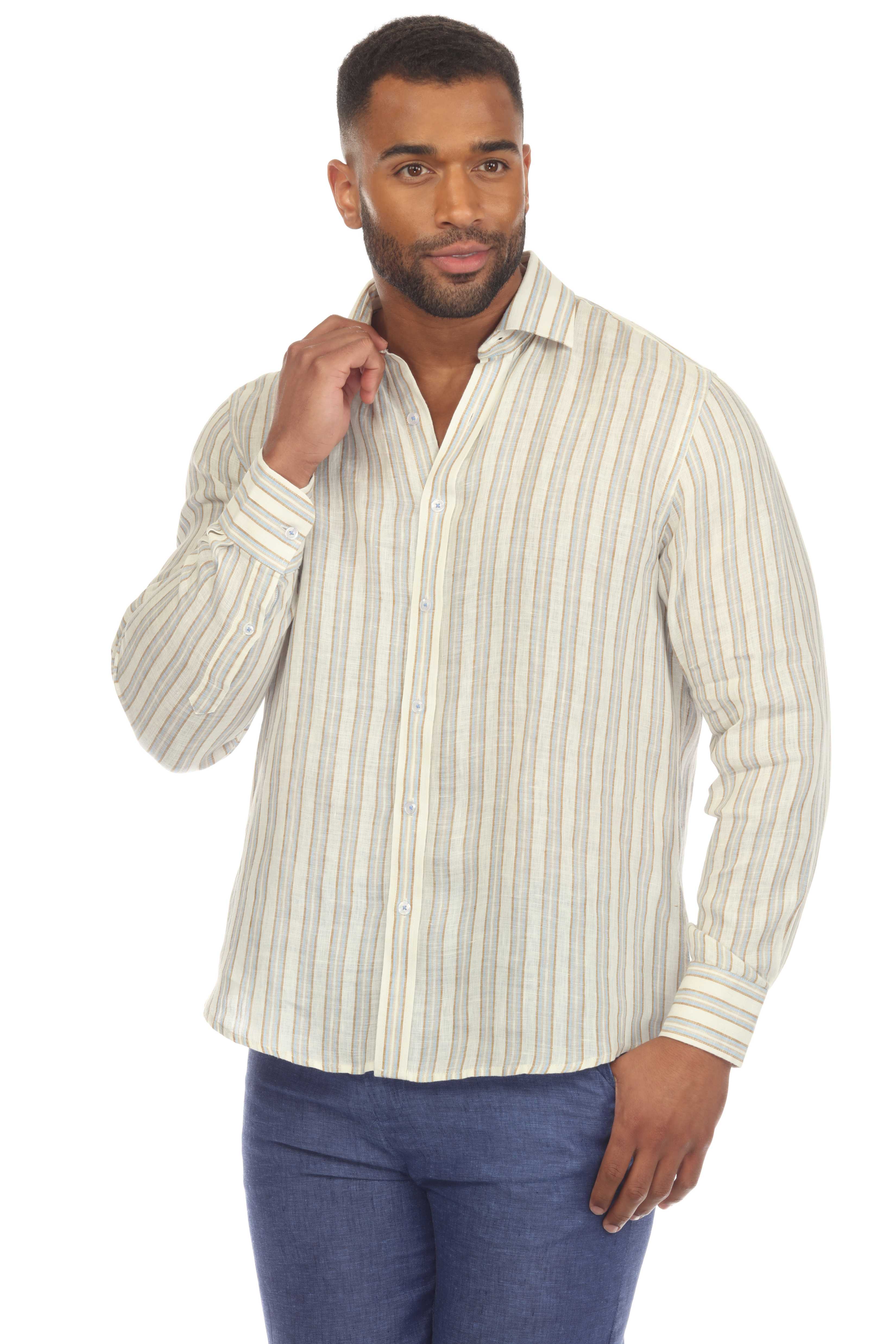 Camisa informal de rayas diplomáticas para hombre, 100 % lino, manga larga, botones