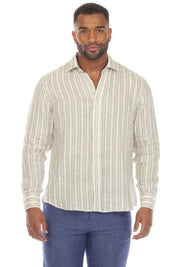 Camisa informal de rayas diplomáticas para hombre, 100 % lino, manga larga, botones