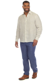 Camisa informal de rayas diplomáticas para hombre, 100 % lino, manga larga, botones