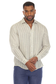 Camisa informal de rayas diplomáticas para hombre, 100 % lino, manga larga, botones