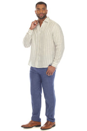 Camisa informal de rayas diplomáticas para hombre, 100 % lino, manga larga, botones