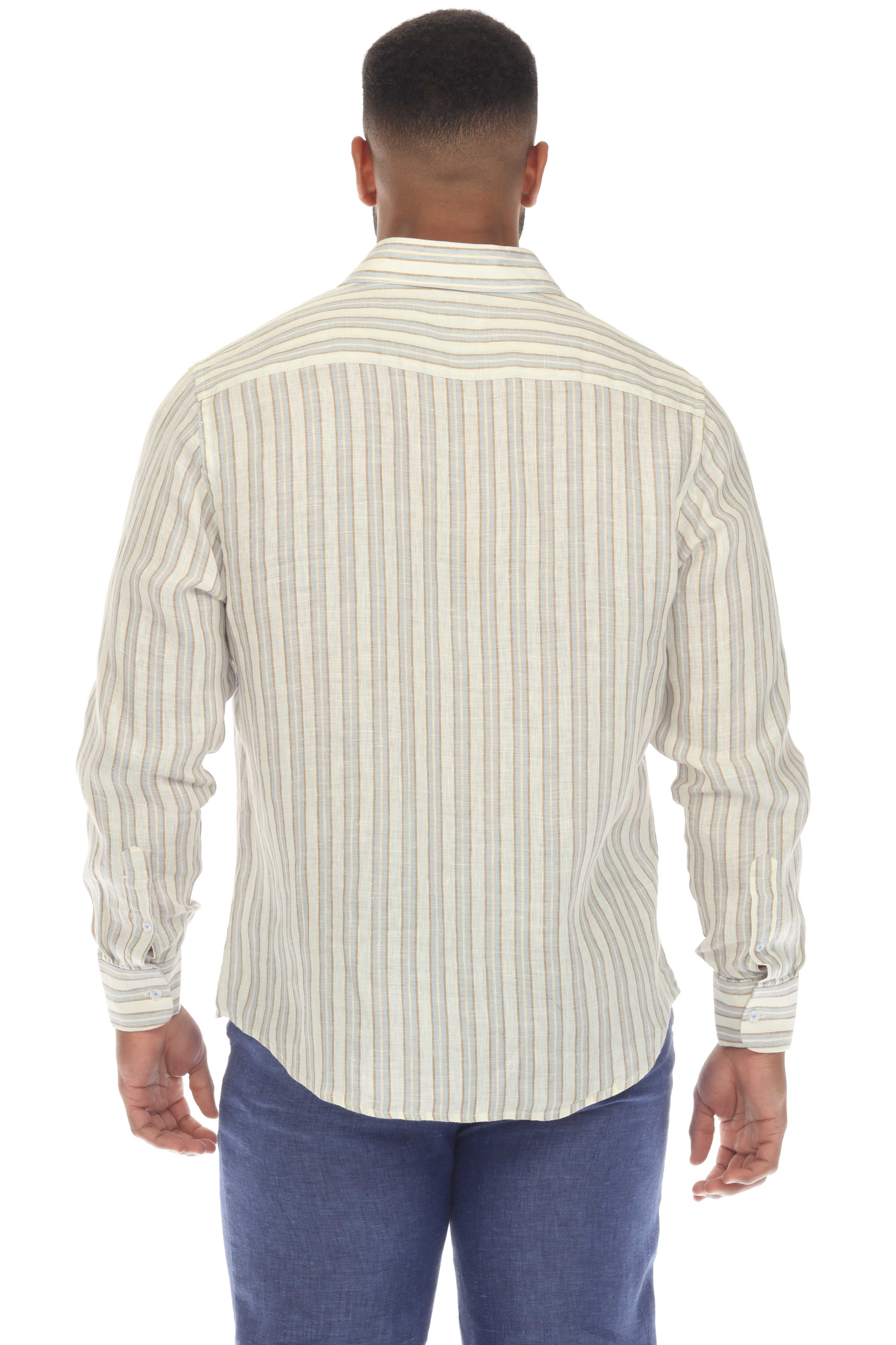 Camisa informal de rayas diplomáticas para hombre, 100 % lino, manga larga, botones