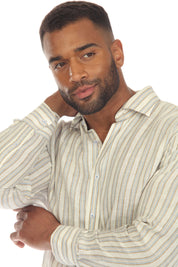 Camisa informal de rayas diplomáticas para hombre, 100 % lino, manga larga, botones