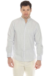 Camisa informal de hombre con cuello mandarín y raya diplomática, 100 % lino, manga larga, botones
