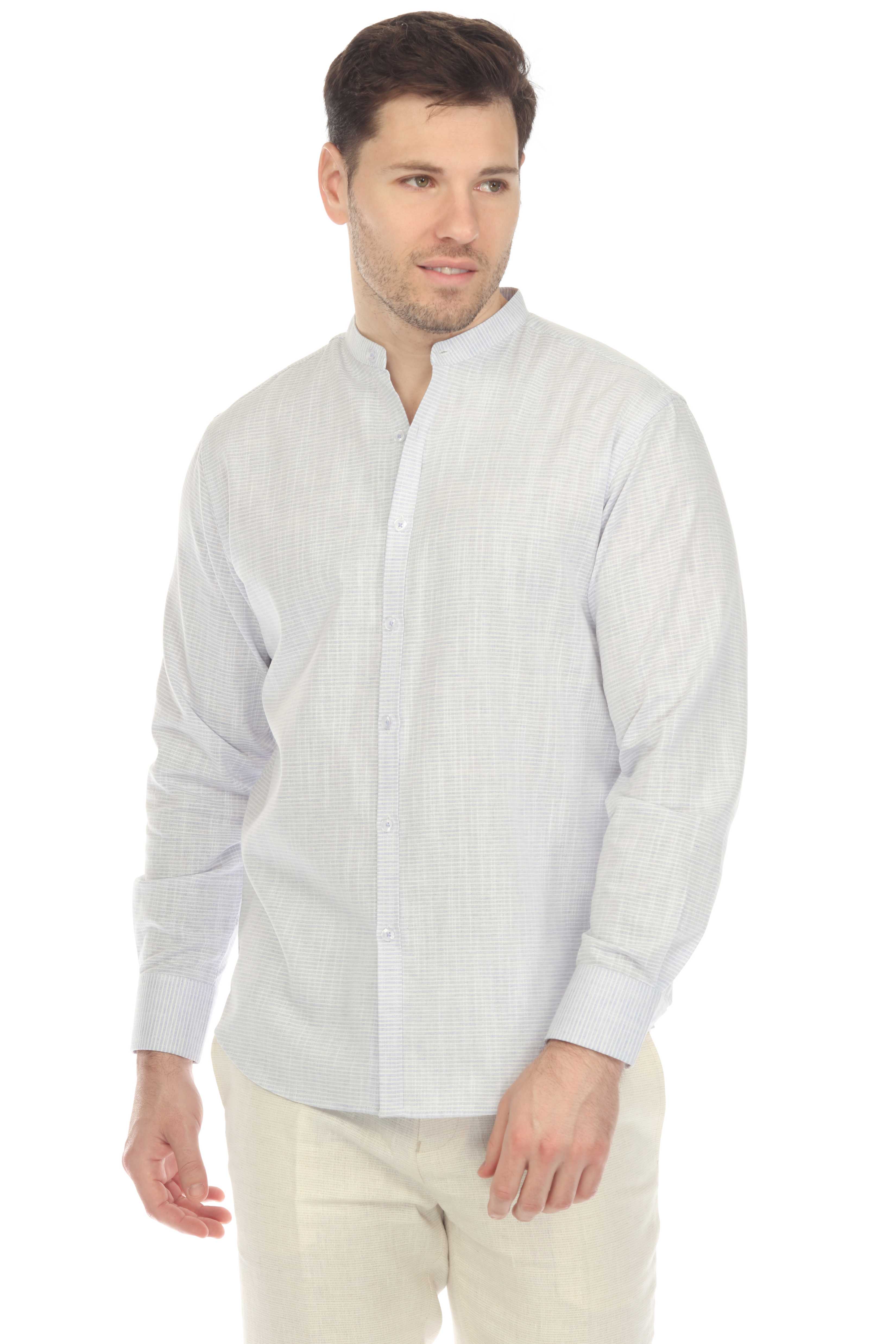 Camisa informal de hombre con cuello mandarín y raya diplomática, 100 % lino, manga larga, botones