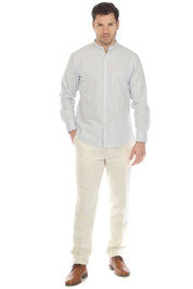 Camisa informal de hombre con cuello mandarín y raya diplomática, 100 % lino, manga larga, botones