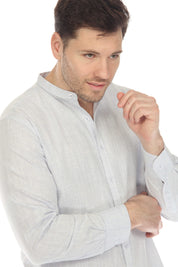 Camisa informal de hombre con cuello mandarín y raya diplomática, 100 % lino, manga larga, botones