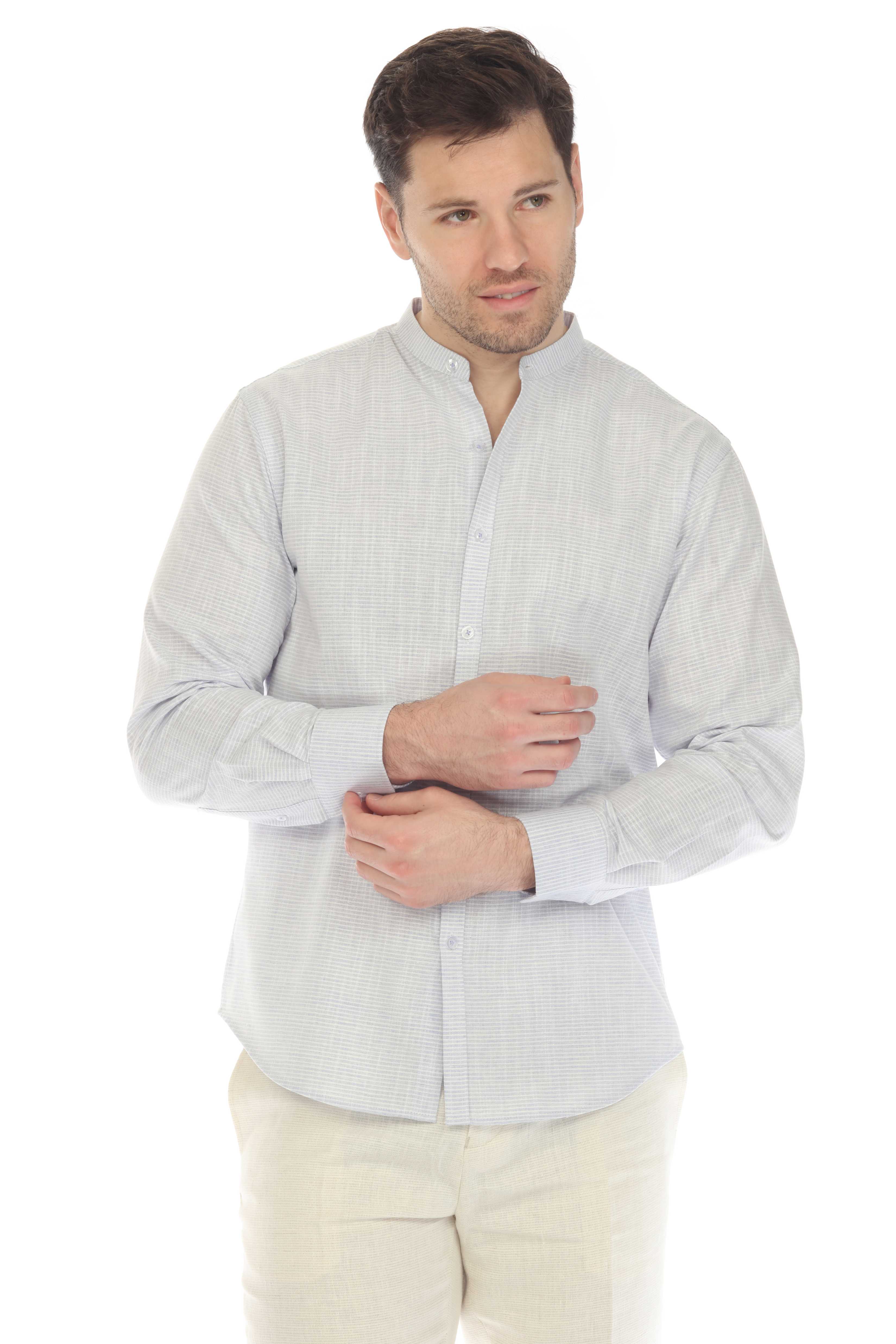 Camisa informal de hombre con cuello mandarín y raya diplomática, 100 % lino, manga larga, botones