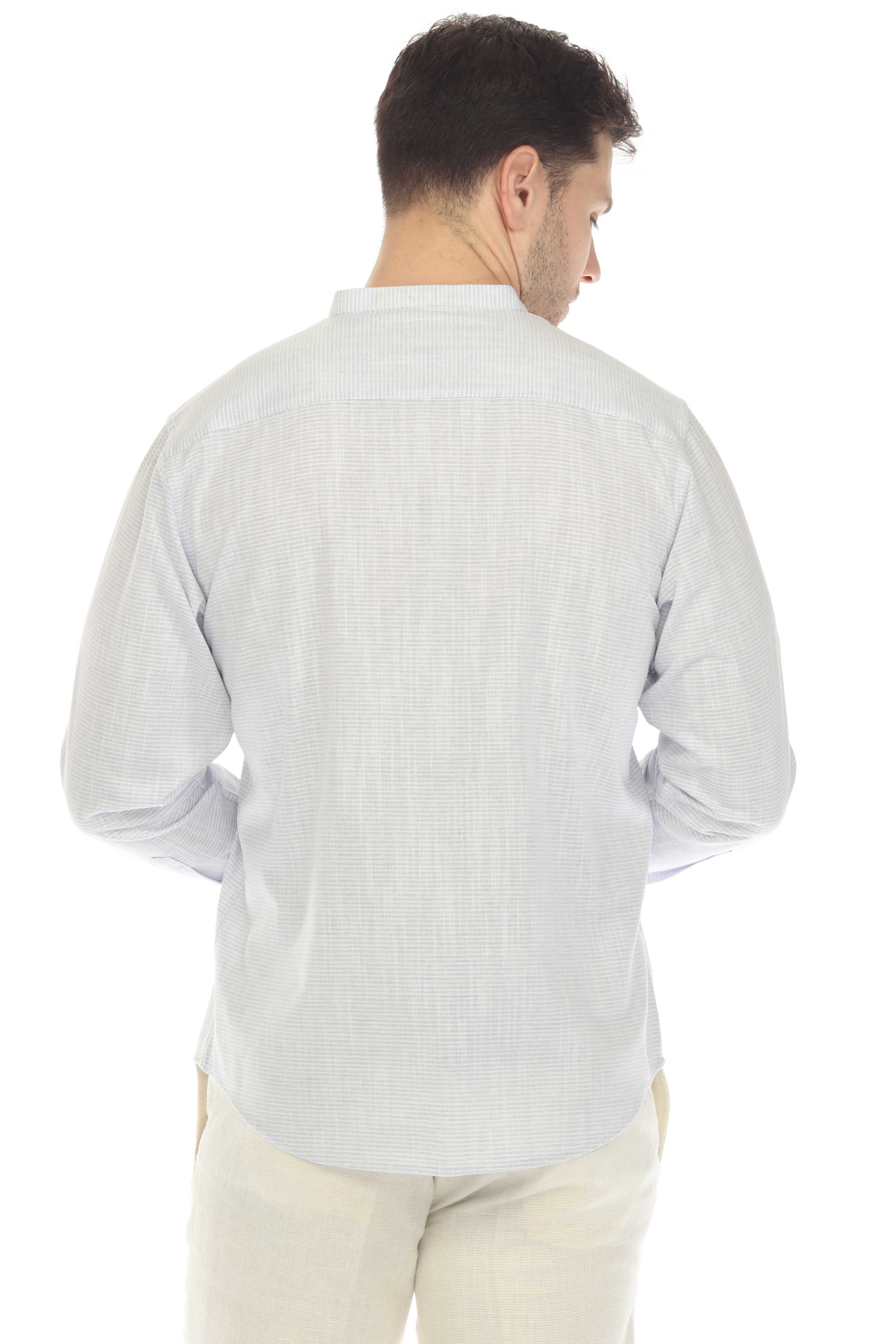 Camisa informal de hombre con cuello mandarín y raya diplomática, 100 % lino, manga larga, botones