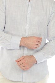 Camisa informal de hombre con cuello mandarín y raya diplomática, 100 % lino, manga larga, botones