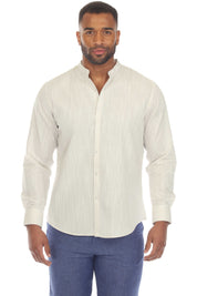 Camisa informal de hombre con cuello mandarín y raya diplomática, 100 % lino, manga larga, botones