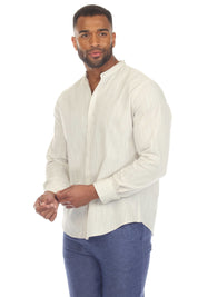 Camisa informal de hombre con cuello mandarín y raya diplomática, 100 % lino, manga larga, botones