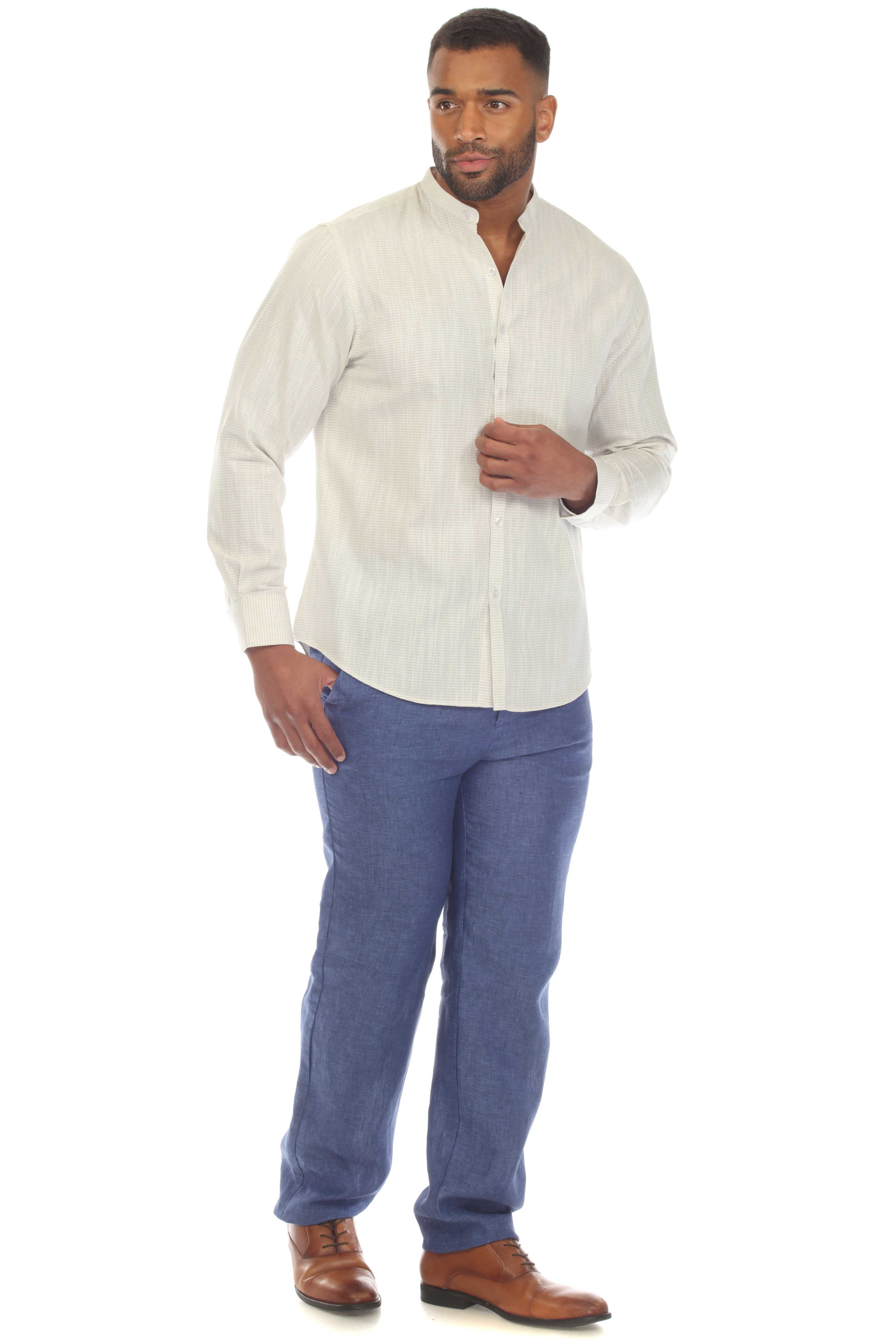 Camisa informal de hombre con cuello mandarín y raya diplomática, 100 % lino, manga larga, botones