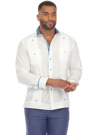 Camisa Guayabera Chacabana para Hombre, Mezcla de Algodón, Manga Larga con Ribete en Contraste
