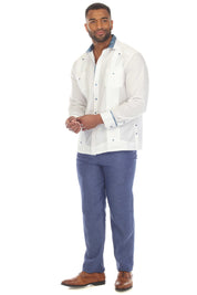 Camisa Guayabera Chacabana para Hombre, Mezcla de Algodón, Manga Larga con Ribete en Contraste
