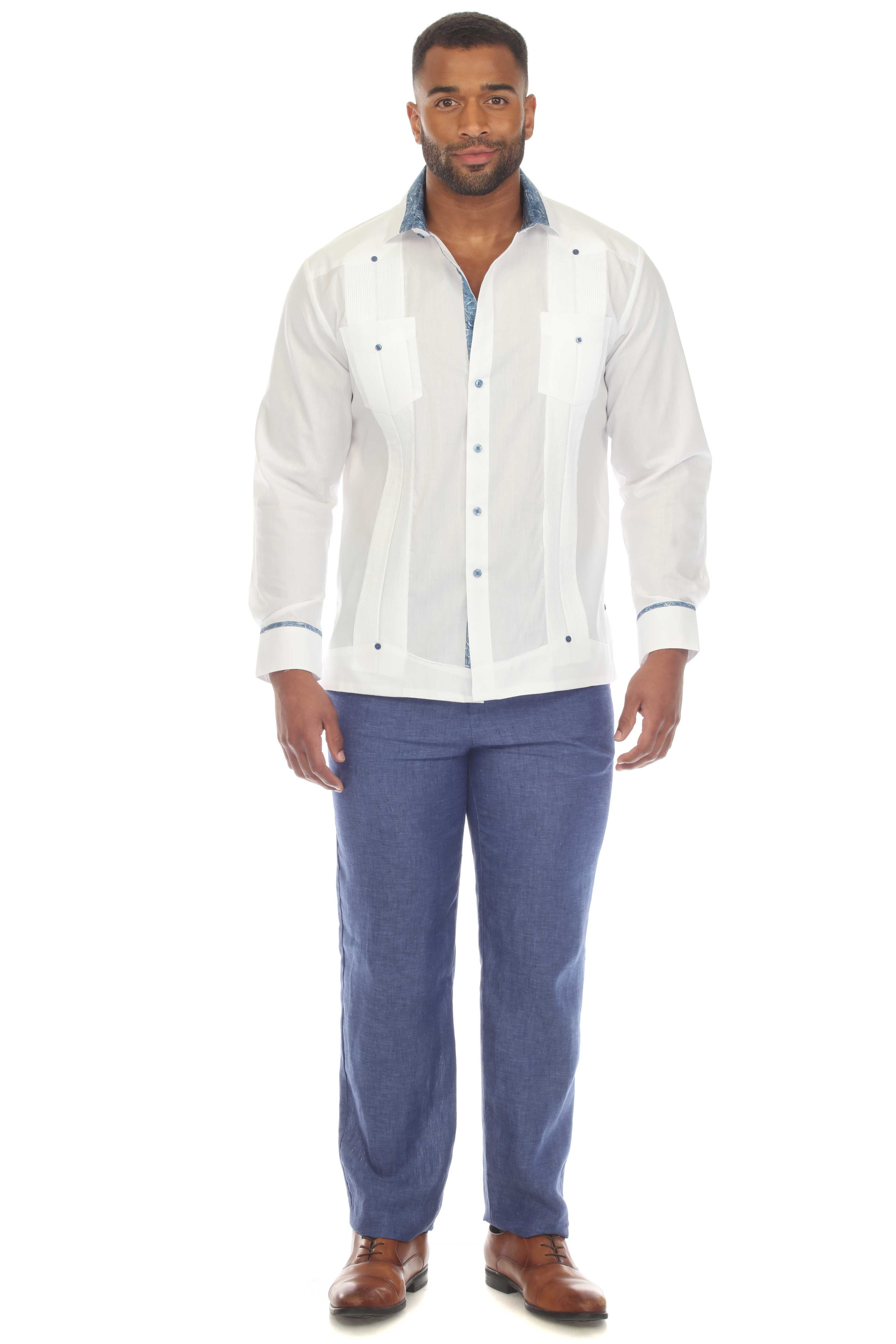 Camisa Guayabera Chacabana para Hombre, Mezcla de Algodón, Manga Larga con Ribete en Contraste