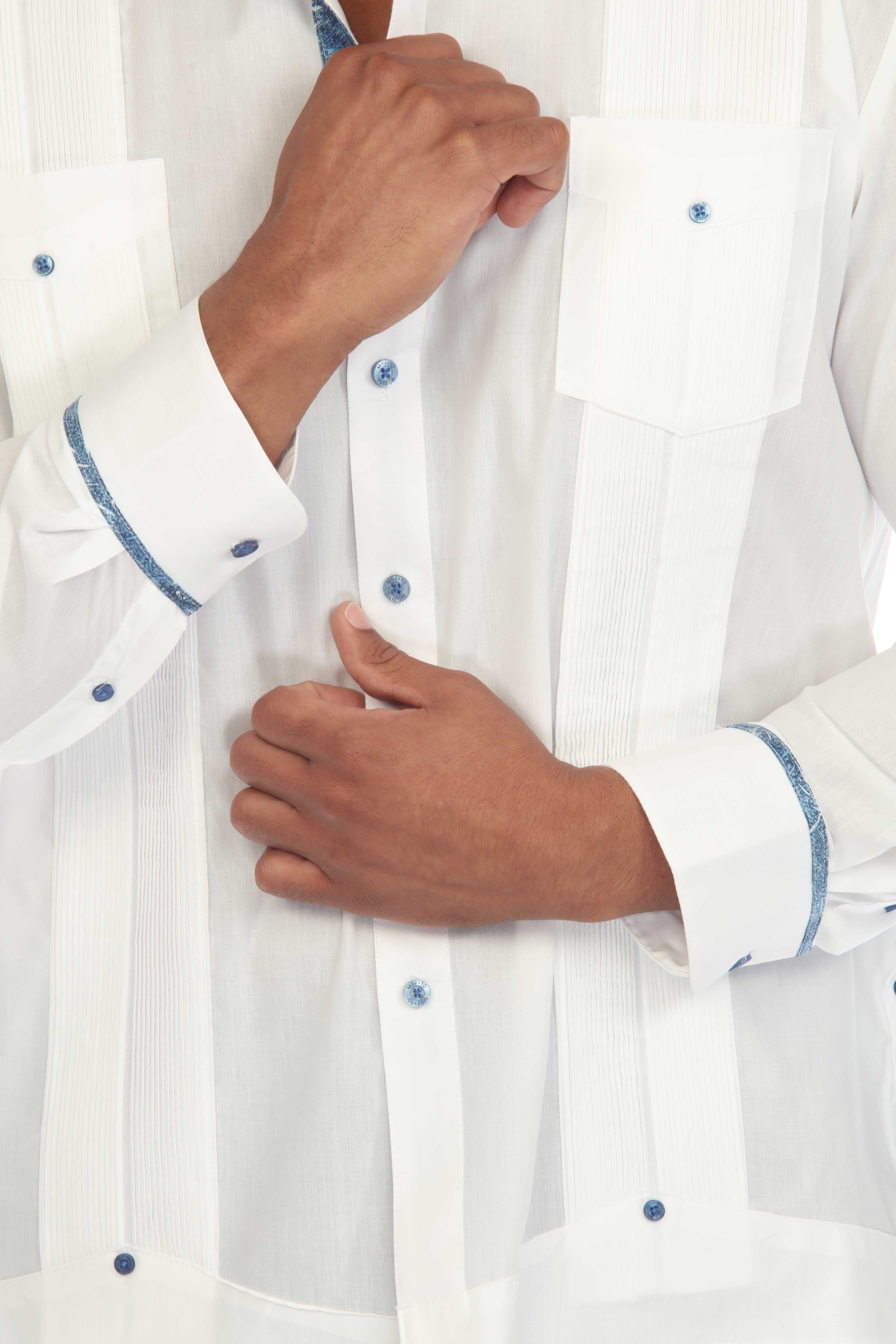 Camisa Guayabera Chacabana para Hombre, Mezcla de Algodón, Manga Larga con Ribete en Contraste