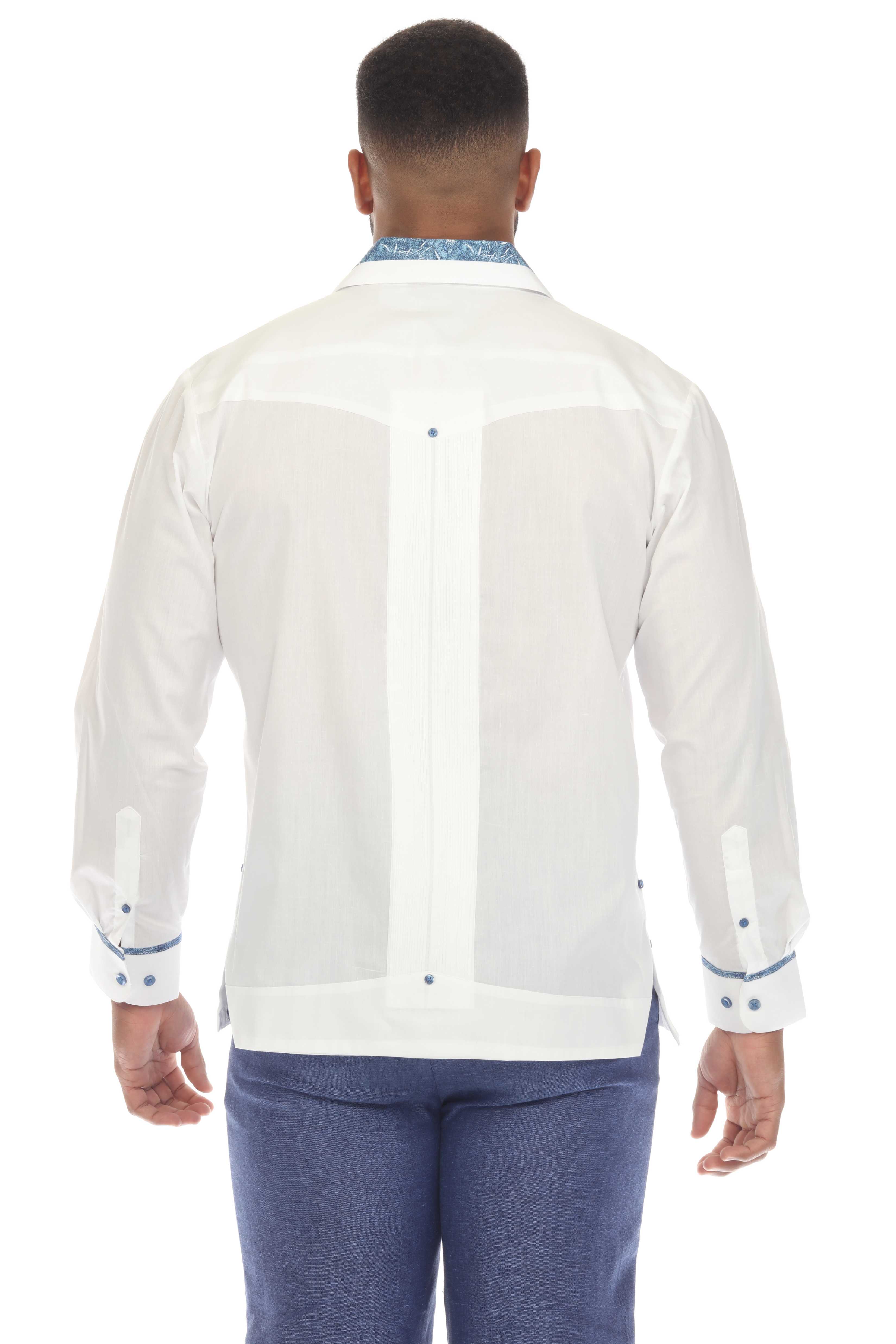 Camisa Guayabera Chacabana para Hombre, Mezcla de Algodón, Manga Larga con Ribete en Contraste