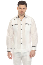 Camisa Guayabera Chacabana para Hombre, Mezcla de Algodón, Manga Larga con Ribete en Contraste