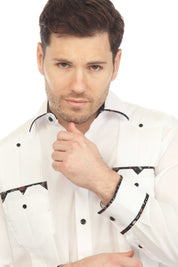 Camisa Guayabera Chacabana para Hombre, Mezcla de Algodón, Manga Larga con Ribete en Contraste