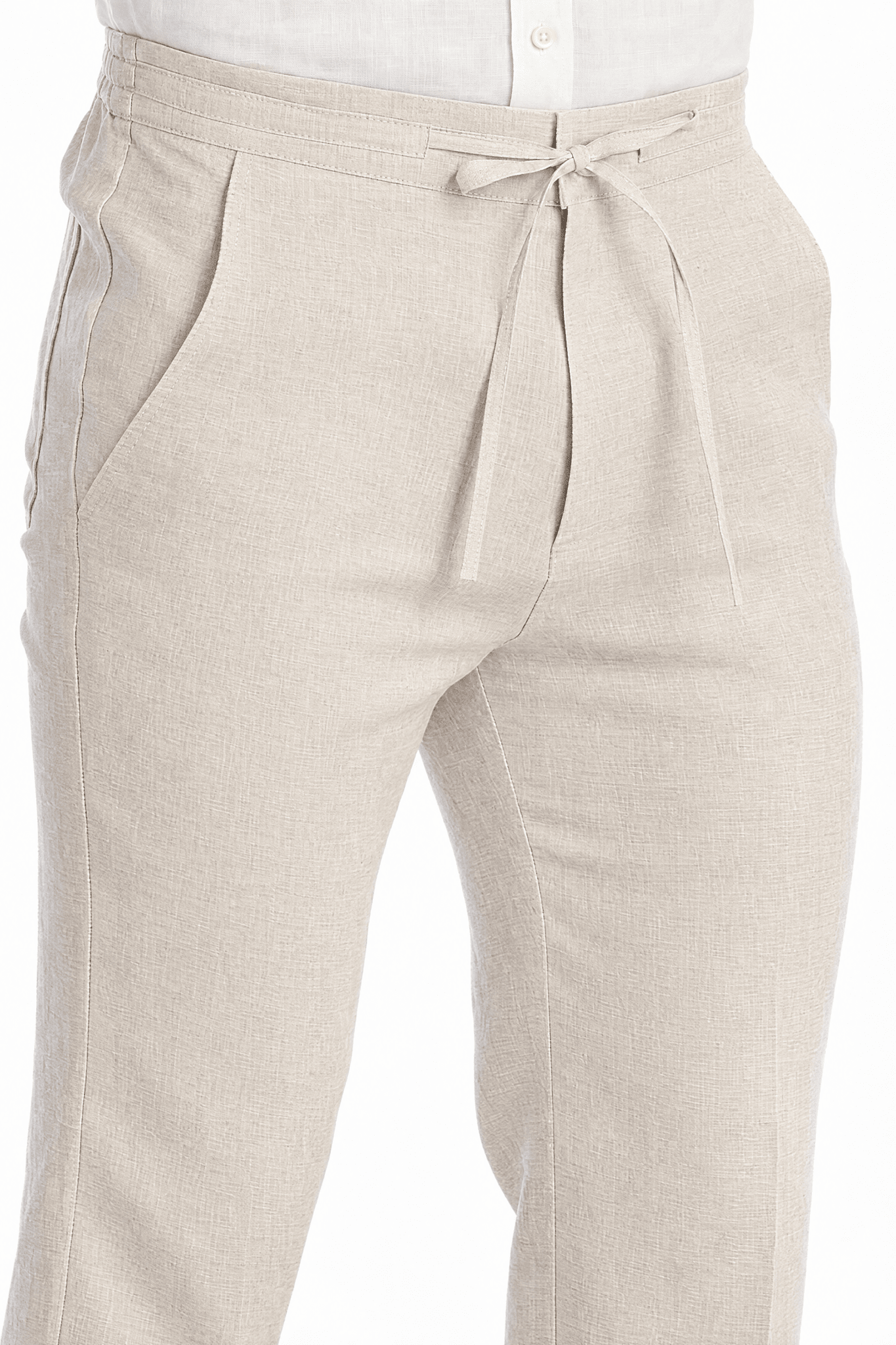 Mojito Collection 100% linen drawstring pants in Natural, pleat and pocket detail