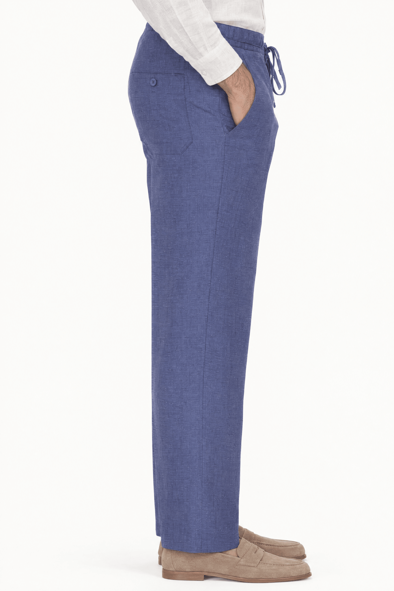 Mojito Collection 100% linen drawstring pants in Stellar Blue, side view