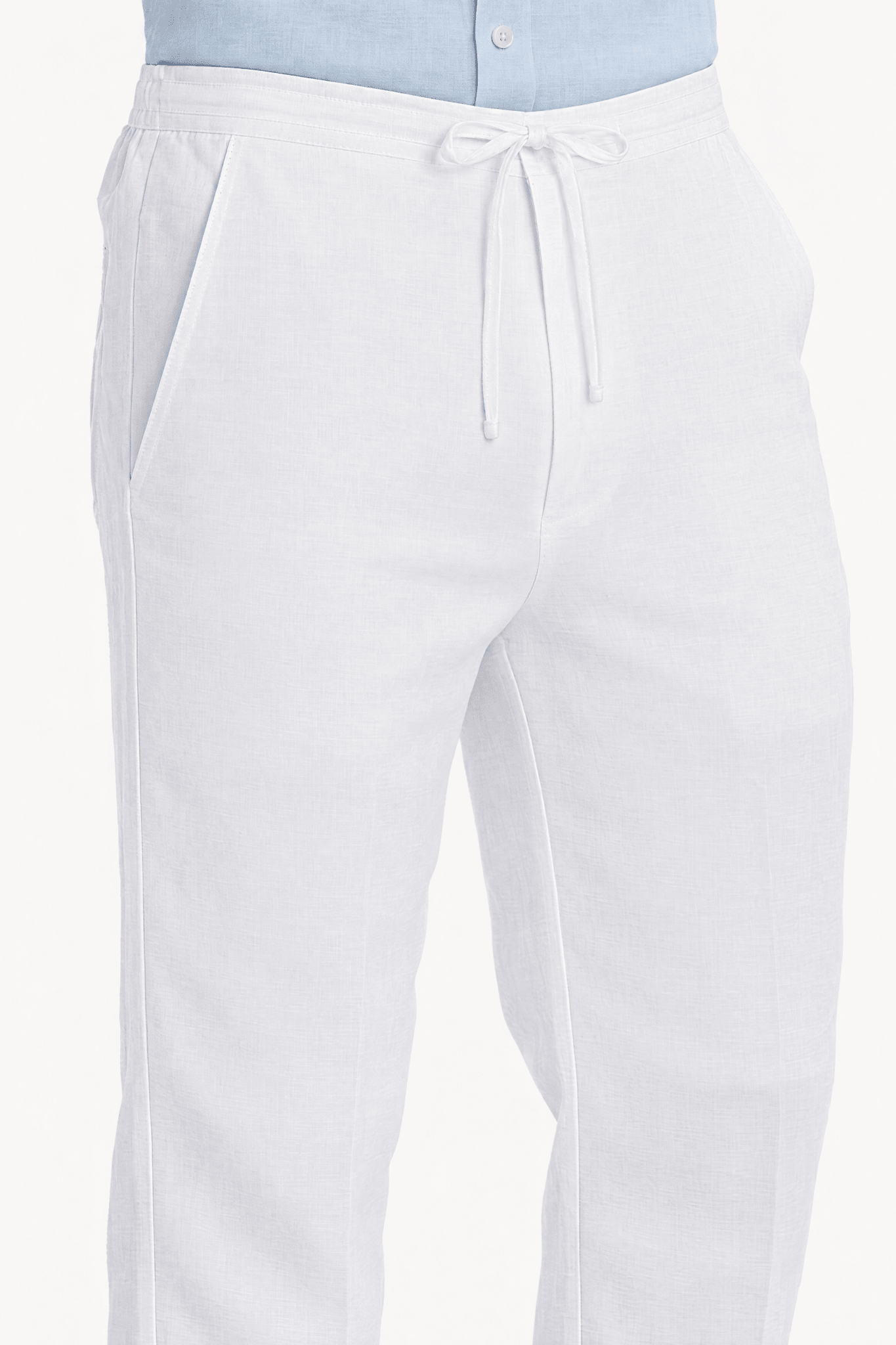 Mojito Collection 100% linen drawstring pants in White, pleat and pocket detail