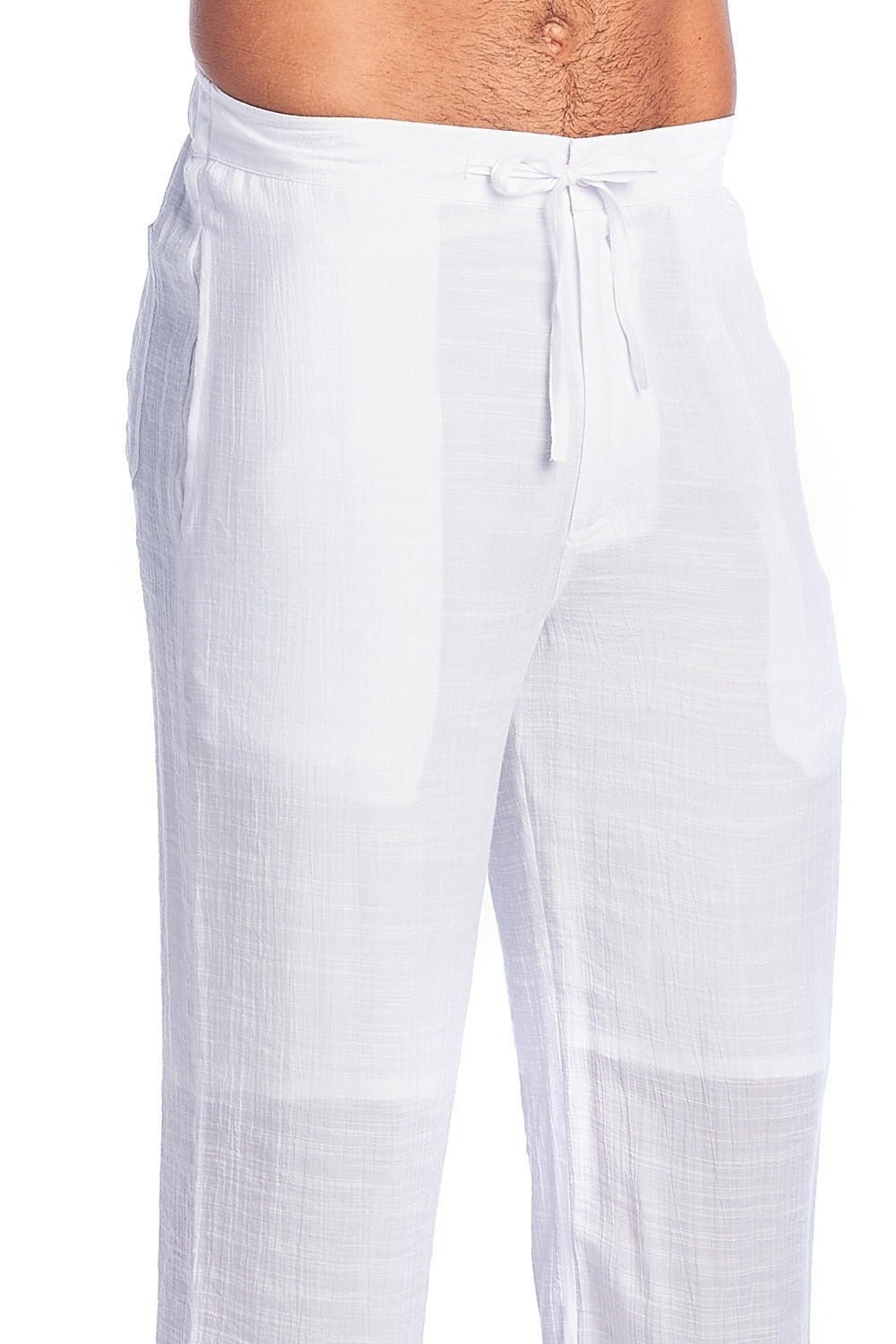 White textured drawstring pants shown on a model from the waist down against a plain white background.