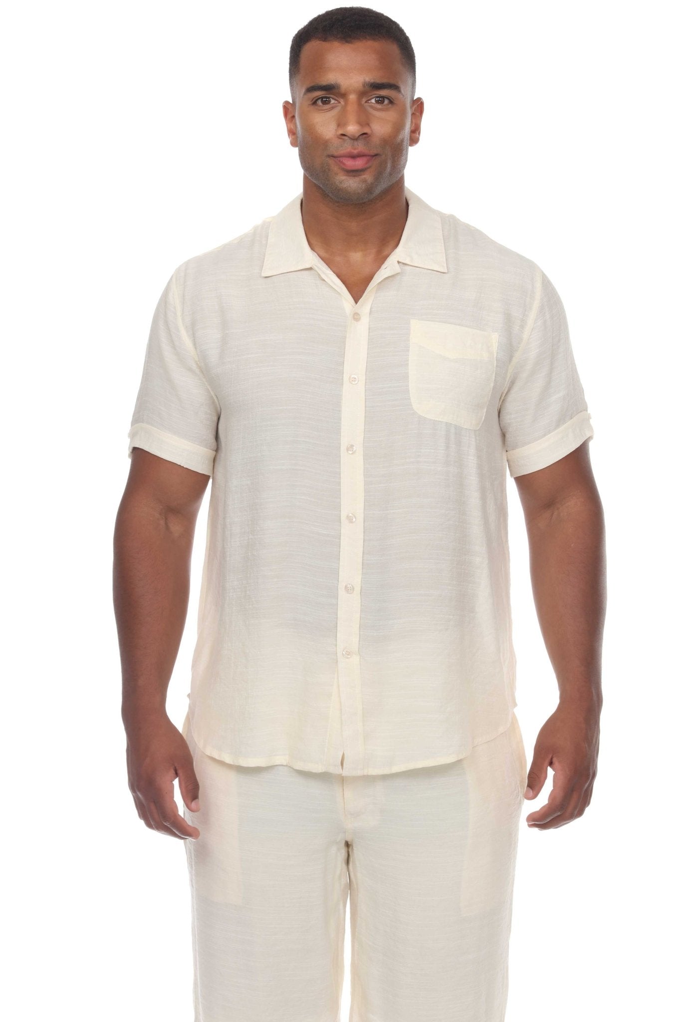 Men's Viscose Blend Beach Short Sleeve Button-Down Shirt L / NATURAL