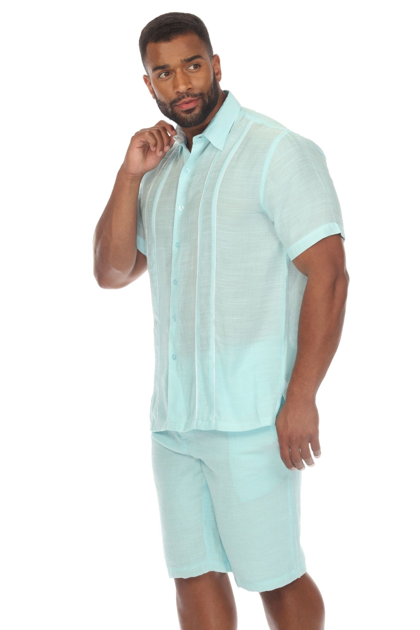 Men's Beach Button Down Shirt Pintuck Trim Contrast Short Sleeve