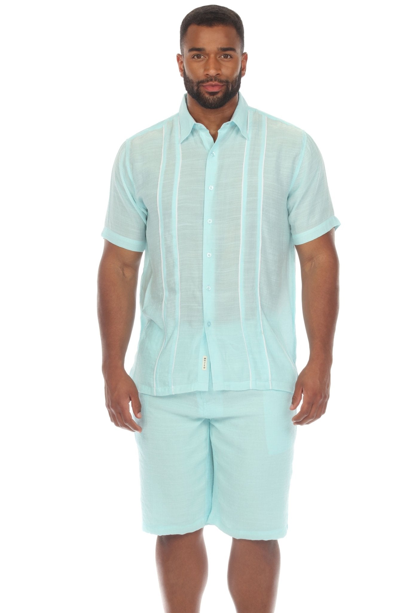 Men's Beach Button Down Shirt Pintuck Trim Contrast Short Sleeve