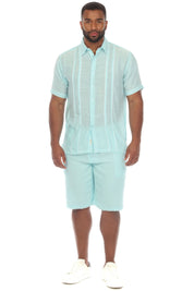 Men's Beach Button Down Shirt Pintuck Trim Contrast Short Sleeve