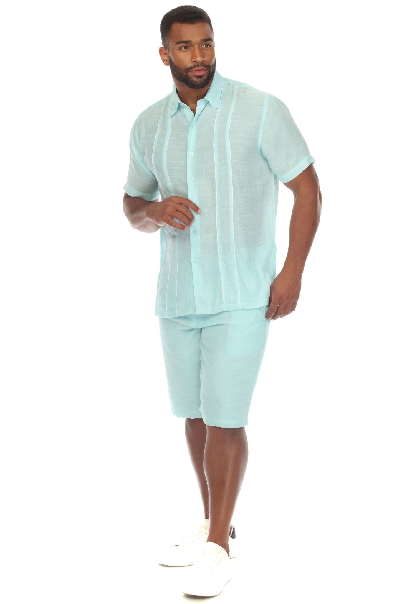 Men's Beach Button Down Shirt Pintuck Trim Contrast Short Sleeve