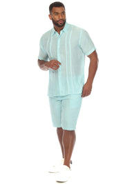 Men's Beach Button Down Shirt Pintuck Trim Contrast Short Sleeve
