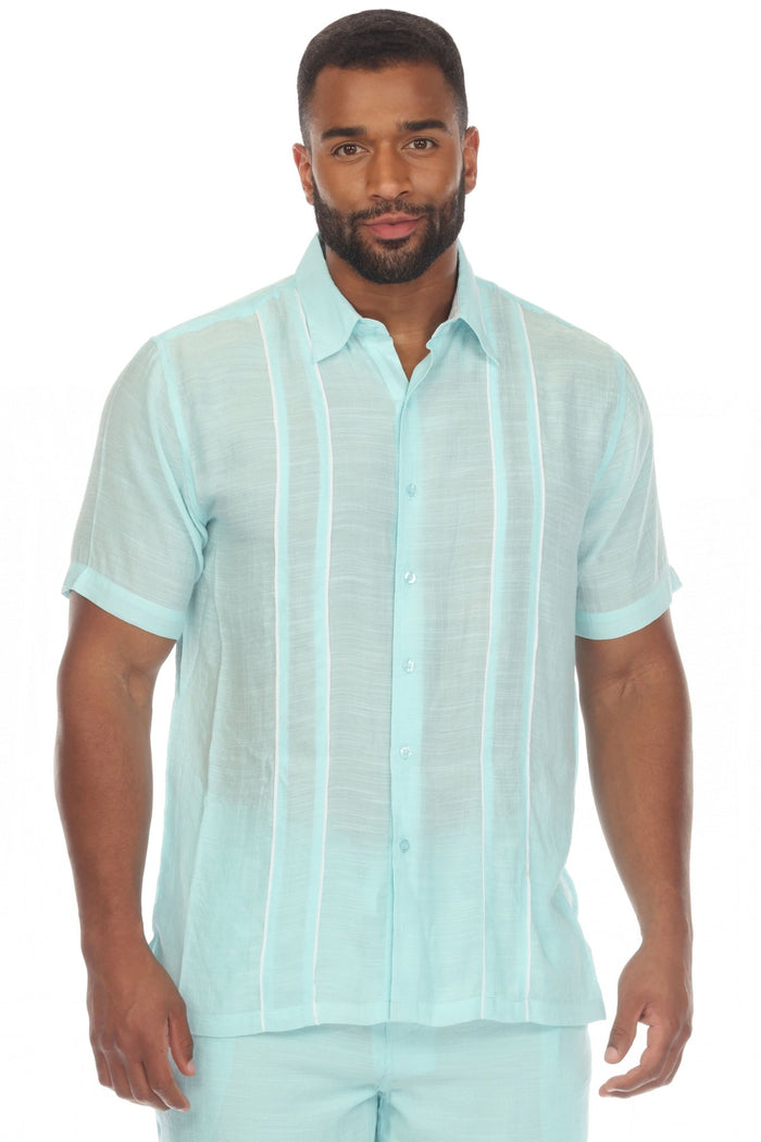 Camisa Abotonada de Playa con Pliegues y Mangas Cortas en Contraste