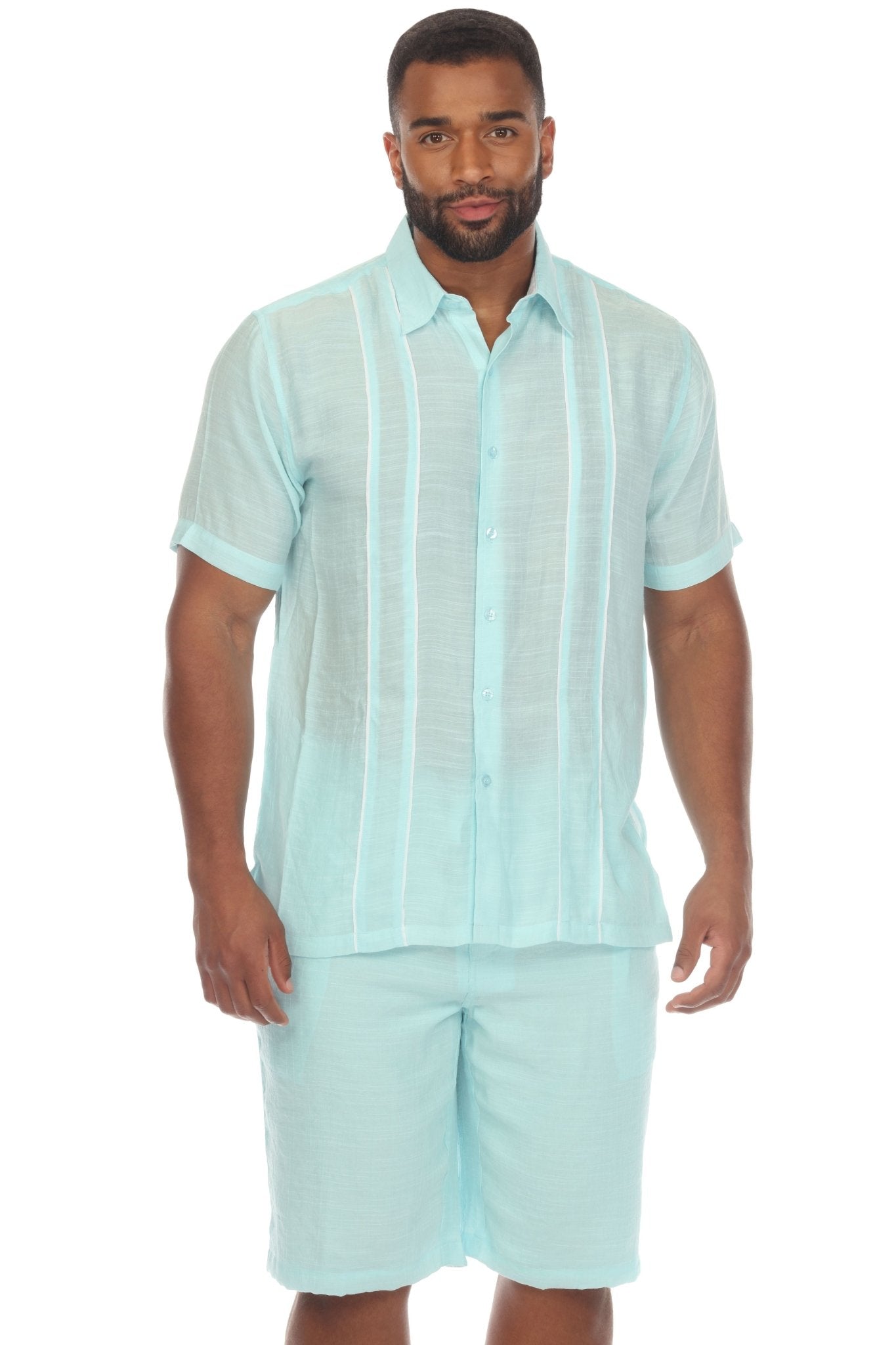 Men's Beach Button Down Shirt Pintuck Trim Contrast Short Sleeve