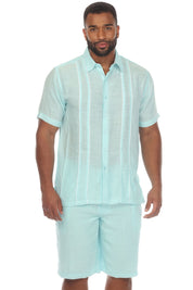 Men's Beach Button Down Shirt Pintuck Trim Contrast Short Sleeve