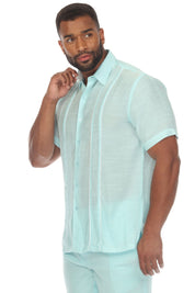 Men's Beach Button Down Shirt Pintuck Trim Contrast Short Sleeve