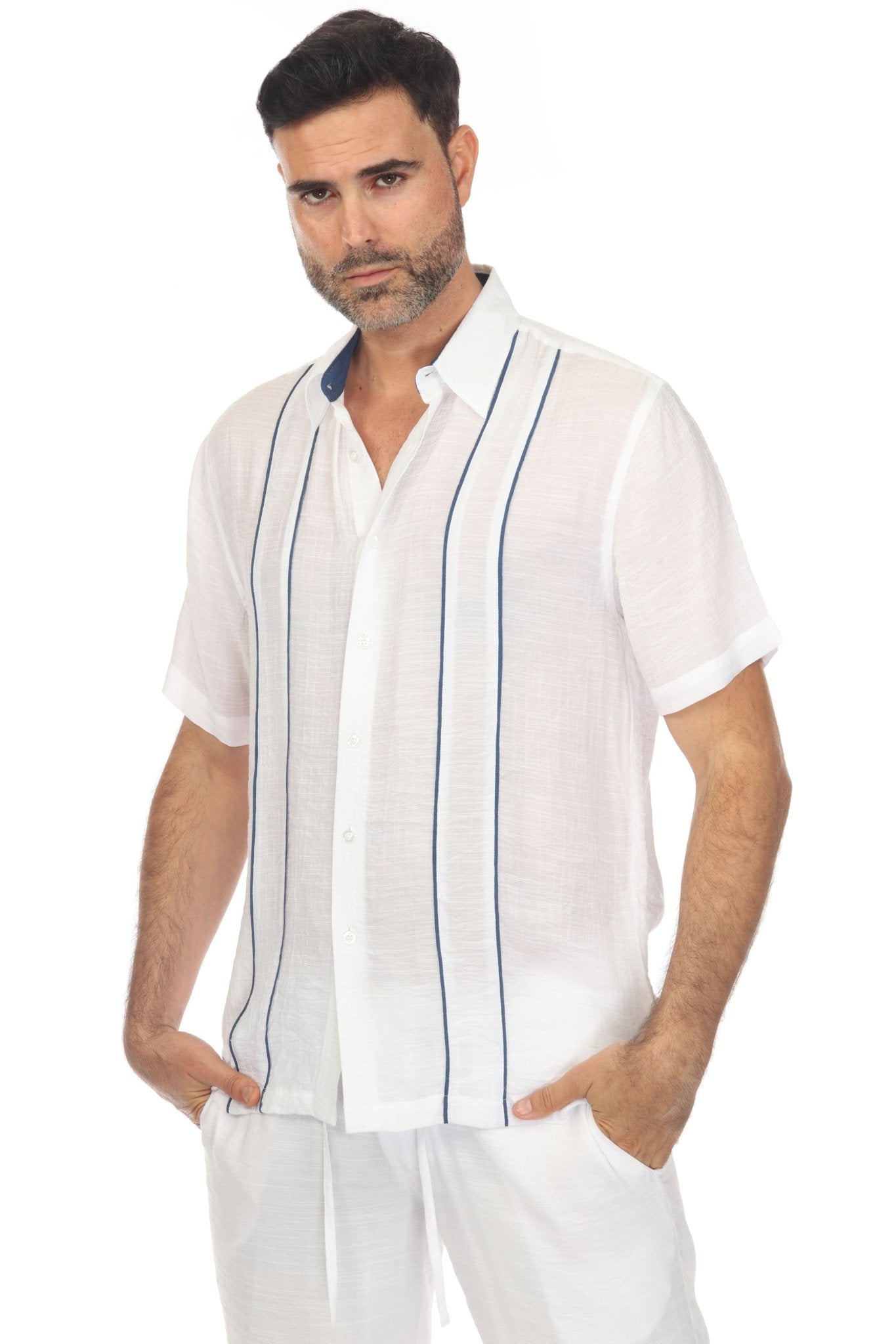 Camisa Abotonada de Playa con Pliegues y Mangas Cortas en Contraste